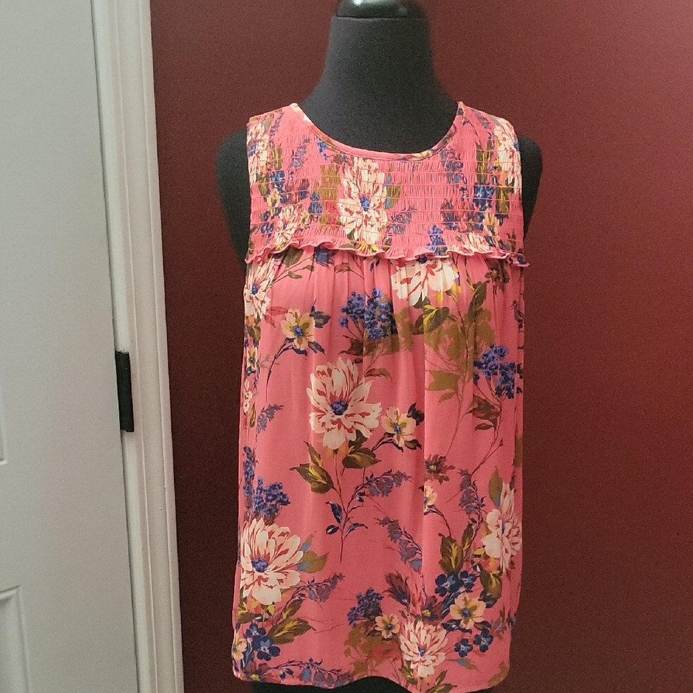 Loft Floral Corally Pink Smocked & Flowly Sleeveless Top Sz Sm